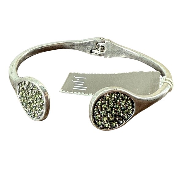 J. Jill Metal Hinge Cuff Bracelet Silver Tone Circle Faceted Glass Pavé Cluster - Picture 2 of 8
